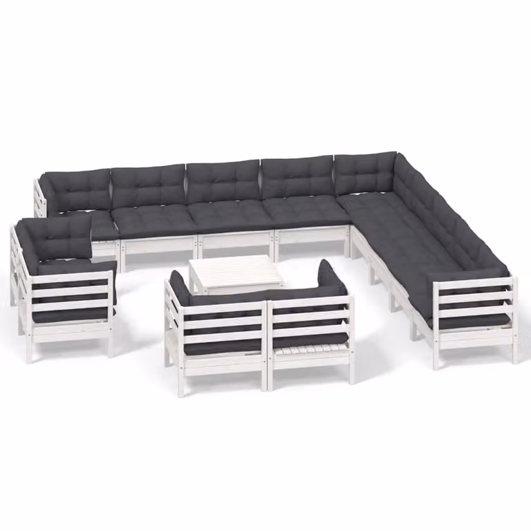 Set Divani da Giardino 14 pz con Cuscini Bianchi Legno di Pino