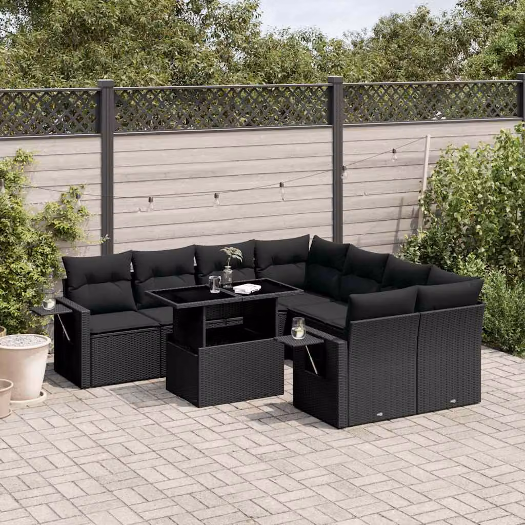 Set di divani da giardino vidaXL a forma di L in polyrattan nero con 9 pezzi e cuscini inclusi – 1