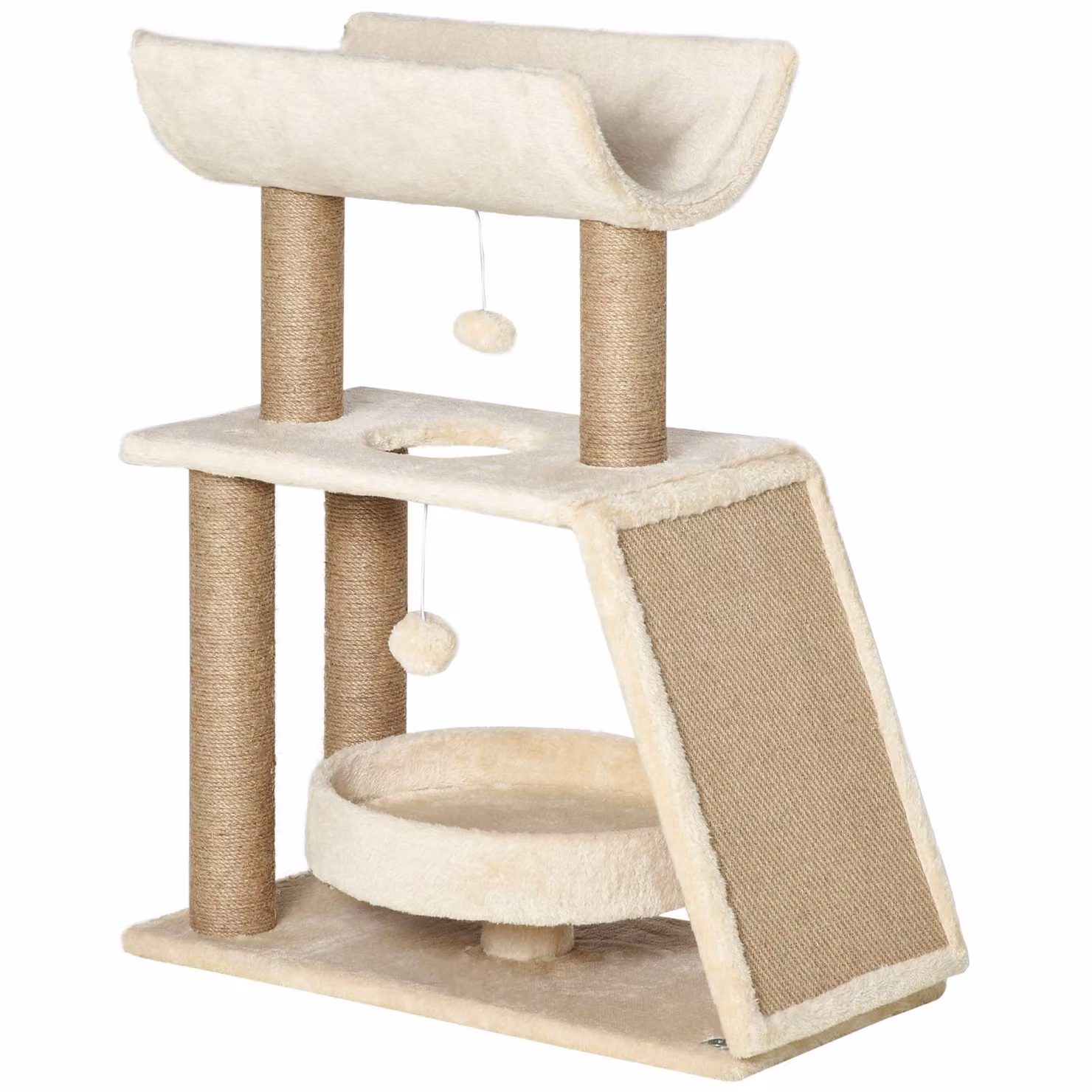 PawHut Albero per gatti design accogliente chic multi-attrezzatura centro attività tiragraffi piattaforme letto gioco palla appesa legno e sisal peluche corto 60 x 30 x 76 cm marrone chiaro