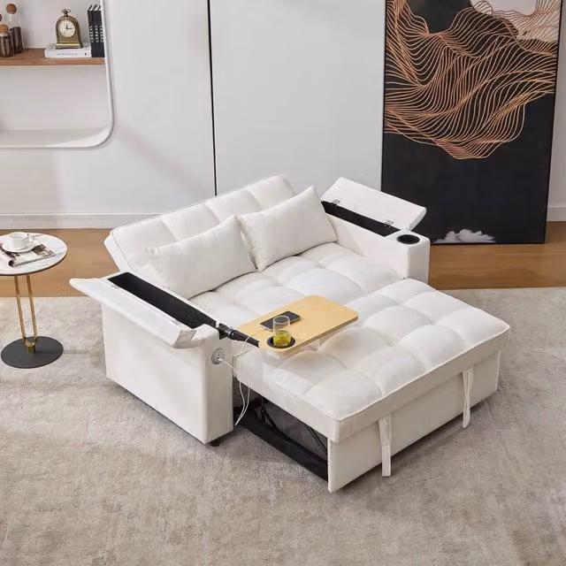 Divano letto 3 in 1 reclinabile WISHDOR con USB e Type-C, tavolino nascosto e portabicchieri, beige, L: 140,5 cm, P: 74 cm, H: 82 cm