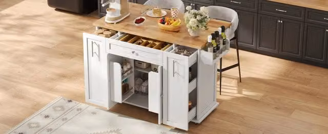 Isola da cucina mobile con piano ribaltabile; 3 cassetti; 2 vani con ante e ruote; MDF; bianco e naturale