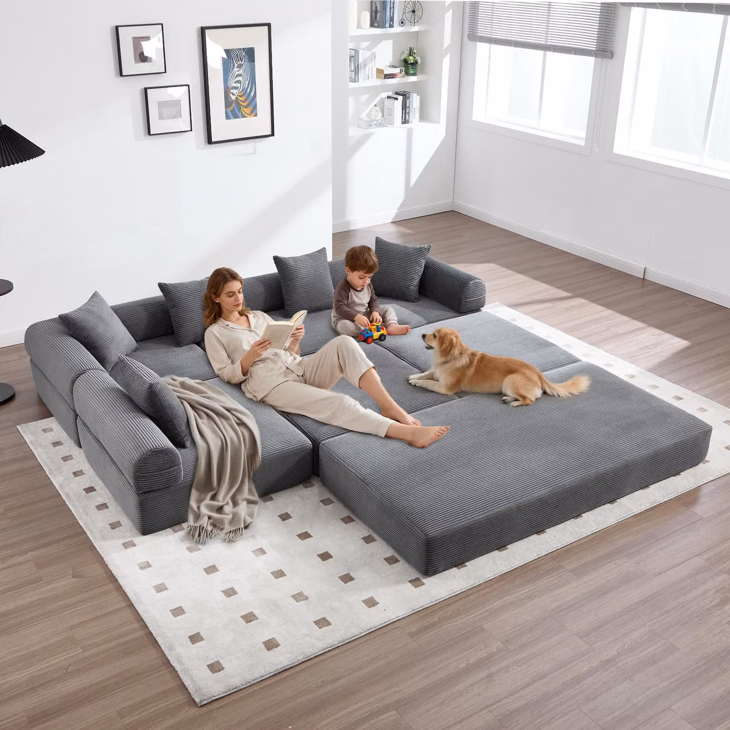 LVHOM Divano letto modulare in tessuto a coste, divano imbottito pieghevole 7 in 1, letto da giorno senza montaggio, divano da terra con tasche laterali, grigio scuro