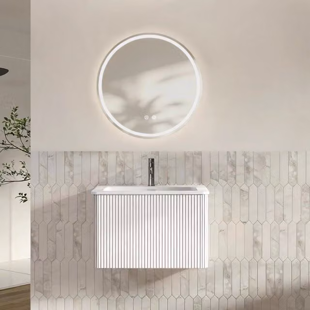 Mobile sottolavabo sospeso con lavabo integrato e specchio LED regolabile antiappannamento per il bagno bianco