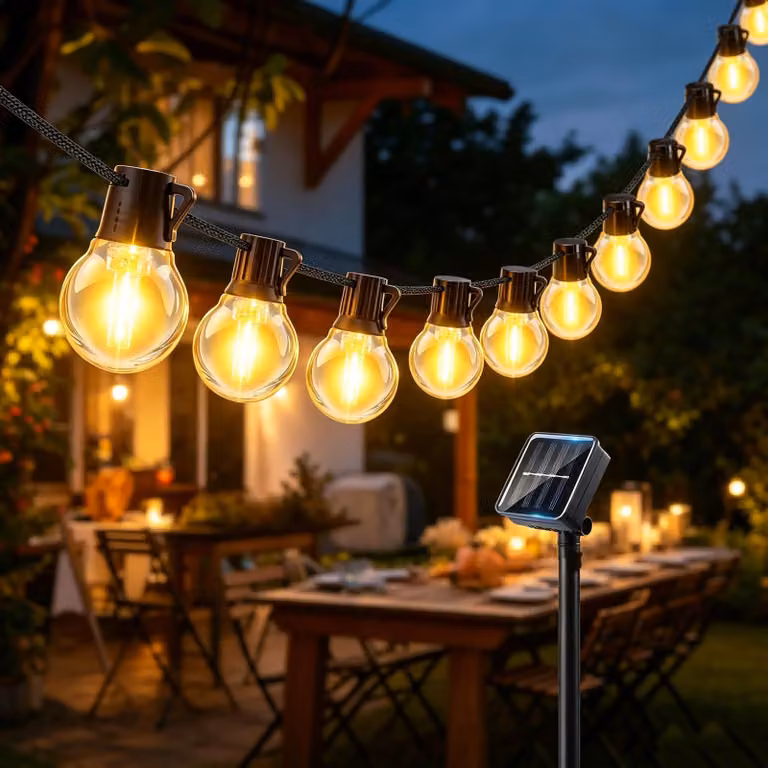 Catena luminosa solare, 12 metri, 20 LED G50, 8 modalità, grado di protezione IP65, luce bianco caldo