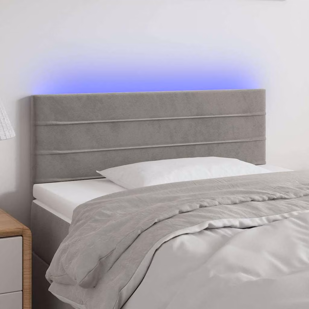 Testiera con LED e porta USB vidaXL in velluto grigio chiaro, L 100 cm, P 5 cm, H 78-88 cm
