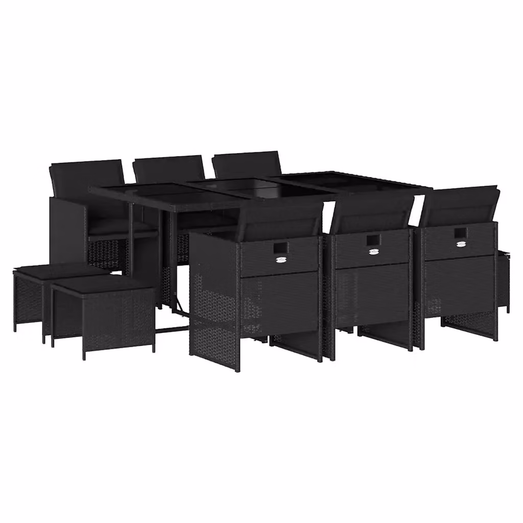 vidaXL Set da Pranzo da Giardino 11 pz in Polyrattan Nero con Cuscini e Tavolo in Vetro – 2