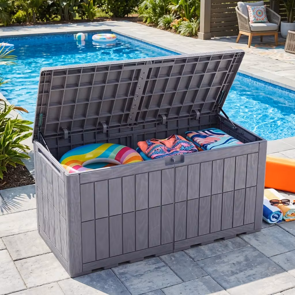 Cassapanca contenitore da esterno con coperchio e serratura in plastica e metallo, resistente alle intemperie, Marrone o Grigio, L: 132,0 cm, P: 61,0 cm, H: 65,0 cm – 2