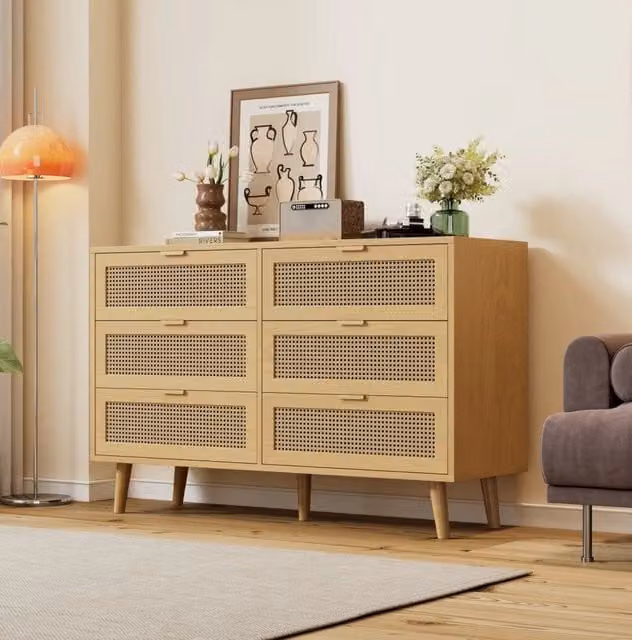 Cassettiera vintage con 6 cassetti 120x40x76;5 cm in truciolare effetto rovere