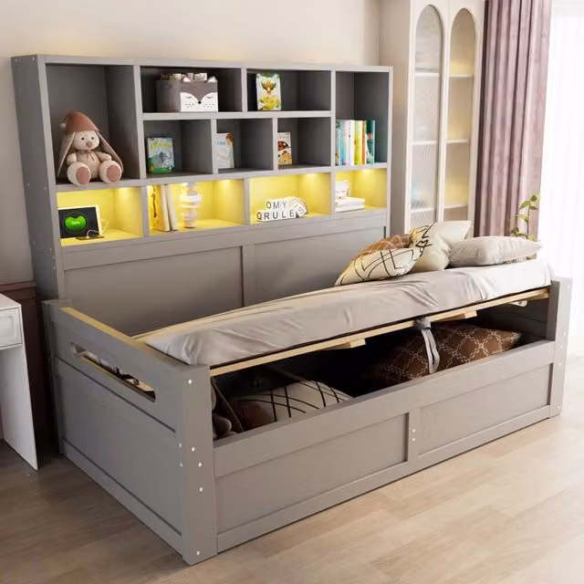 Divano letto singolo 90x200 grigio, letto con contenitore idraulico e testiera con prese
