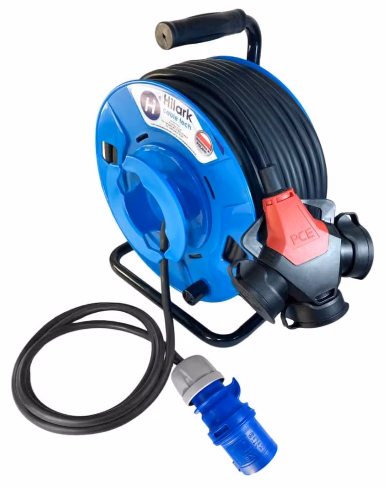 Prolunga CEE H05RR-F 3x1,5 con avvolgicavo inverso + tripla presa multipla, 40 m