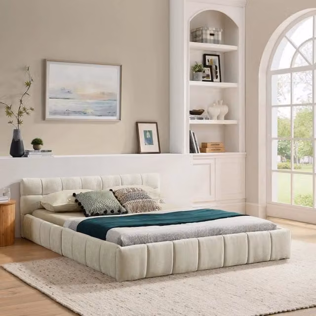 Letto matrimoniale in chenille con testiera, 140x200 cm, beige