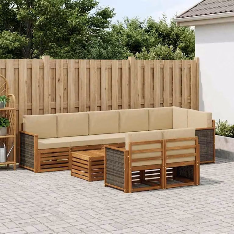 Set di divani da esterno vidaXL 8 pz in legno di acacia con cuscini beige e tavolino da giardino moderno a forma di L