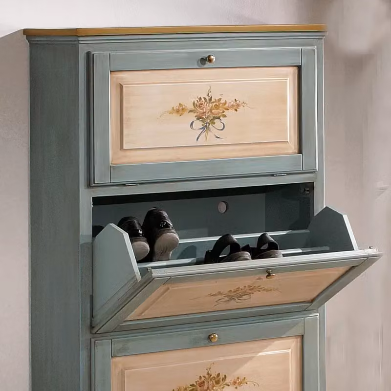 Scarpiera a 3 ante in legno massello Mobili 2G azzurro e ocra L: 80 cm, P: 30 cm, H: 130 cm – 3