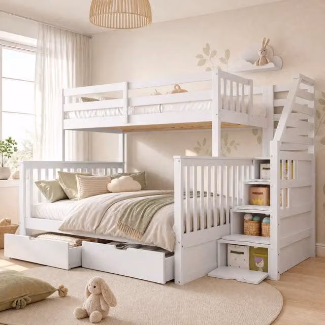 Letto a castello bianco 90x200 su 140x200 con cassetti e vano portaoggetti, senza materasso