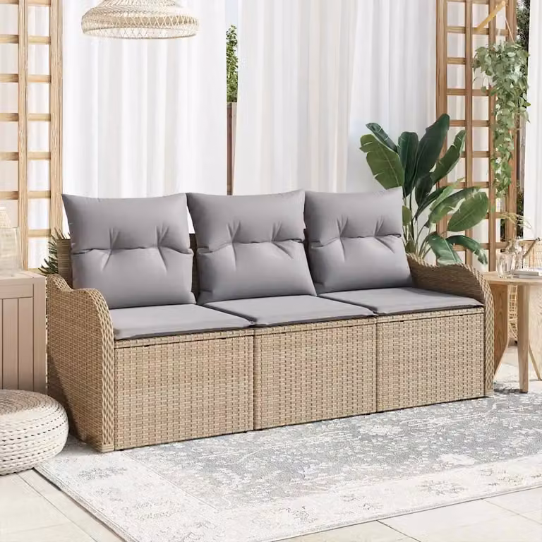 Set Divano da Giardino a L vidaXL in Polyrattan Beige con Cuscini e Struttura in Acciaio