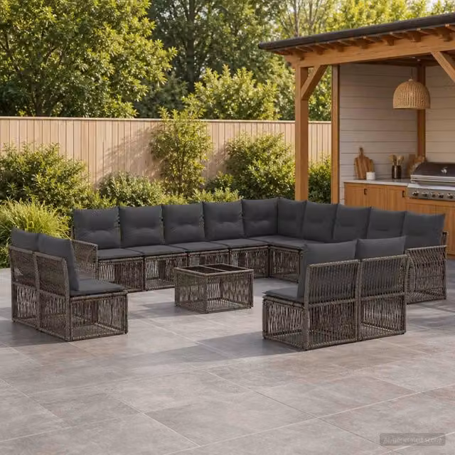 Set Divano da Giardino vidaXL a Forma a U in Polyrattan con Tavolino e Cuscini, Grigio e Antracite – 1