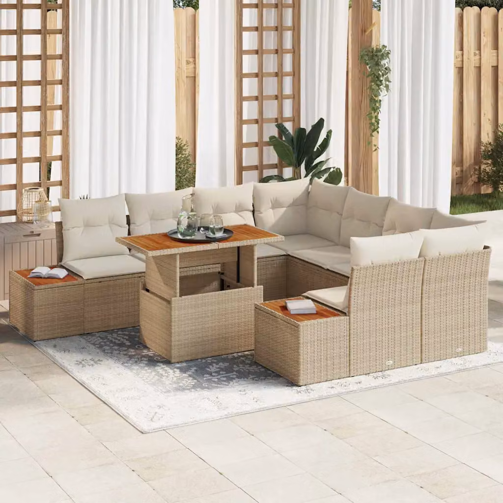 Set Divano da Giardino Moderno vidaXL in Rattan Polimerico Beige, 9 Pezzi – 1