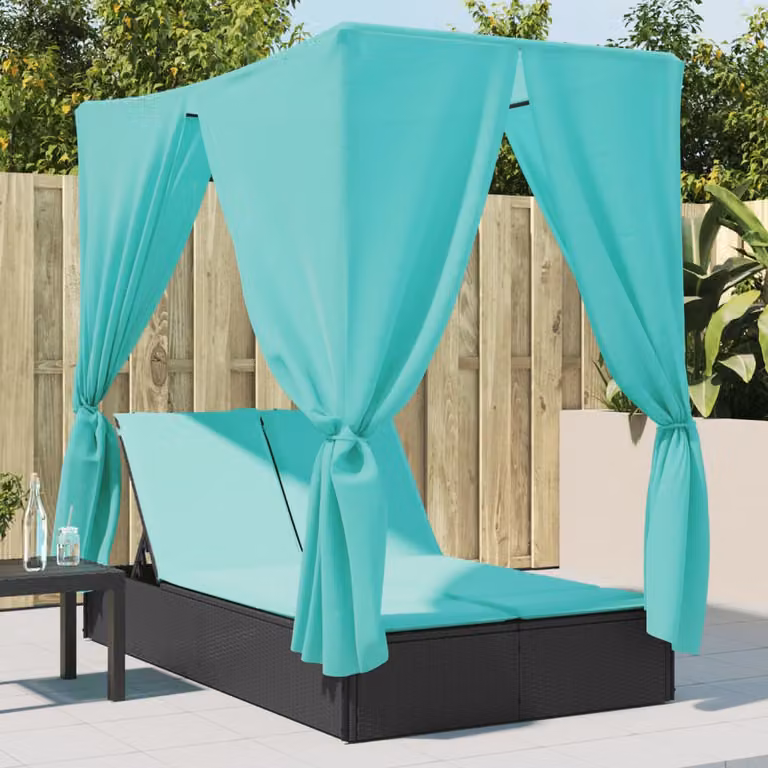 vidaXL Lettino Prendisole in Polyrattan con Tetto e Tende, Colore Nero e Turchese, L/P/H: 280 x 196 x 114 cm