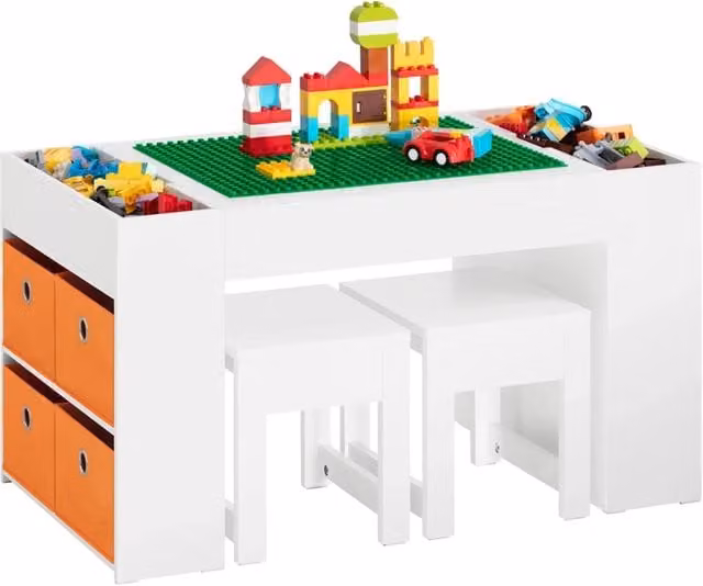 Set di mobili per bambini SoBuy con tavolo da gioco e 2 sgabelli bianco, con spazio di archiviazione, L/P/H: 87 x 50 x 50 cm