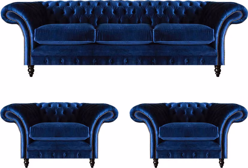 Blau Luxus Sofagarnitur Komplett 3tlg Einrichtung Textil Stoff Chesterfield