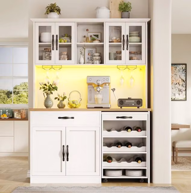 Mobile cucina moderno bianco con carrello estraibile, illuminazione LED, portabottiglie e portabicchieri, L: 140 cm, H: 180 cm, P: 60 cm
