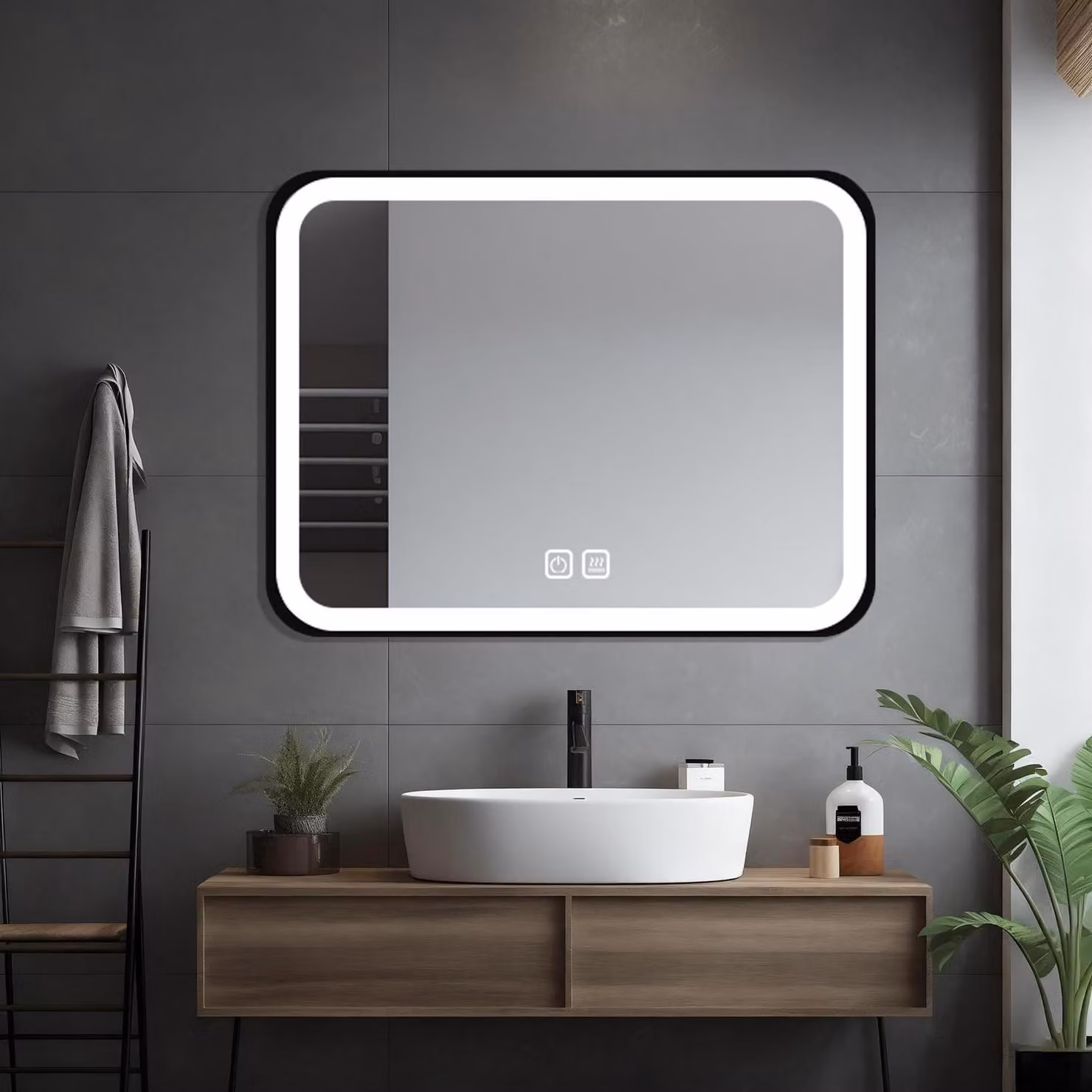 Specchio per il trucco illuminato, 60x80 cm, con dimmer, 3 modalità, con sistema antiappannamento, da montare a parete o da appoggio, colore nero