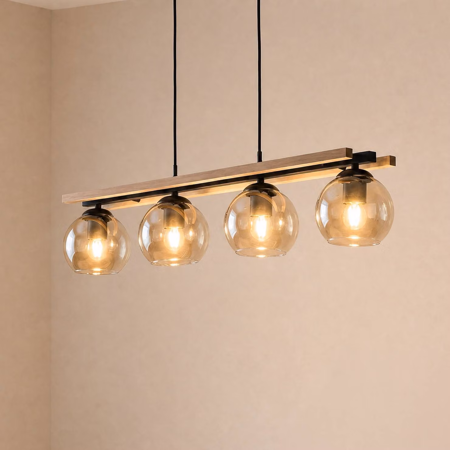 Lampada a sospensione in vetro Enrique Lindby, dimmerabile, Legno scuro, Soggiorno / Sala da pranzo, Vetro, Moderno, Lampada a sospensione