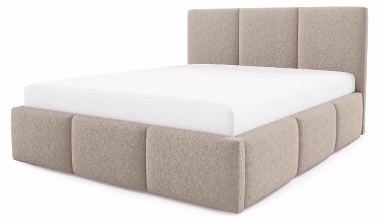 Letto imbottito con contenitore, rivestito in velluto color beige, dimensioni 180 x 200 cm