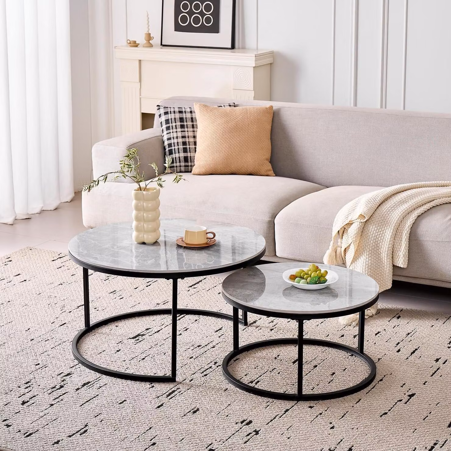 Set di tavolini da caffè rotondi, 2 pezzi, in Vetroceramica, grigio e nero, diametro 60 + 80 cm