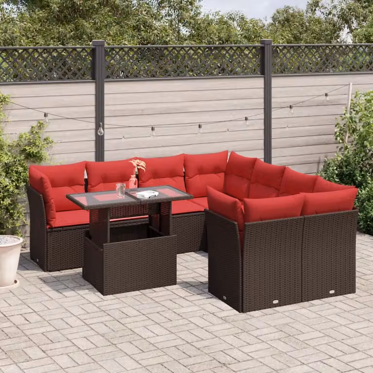 Set Divani da Giardino vidaXL 9 pz in Polyrattan Marrone con Cuscini e Tavolino da Esterno a Forma di L
