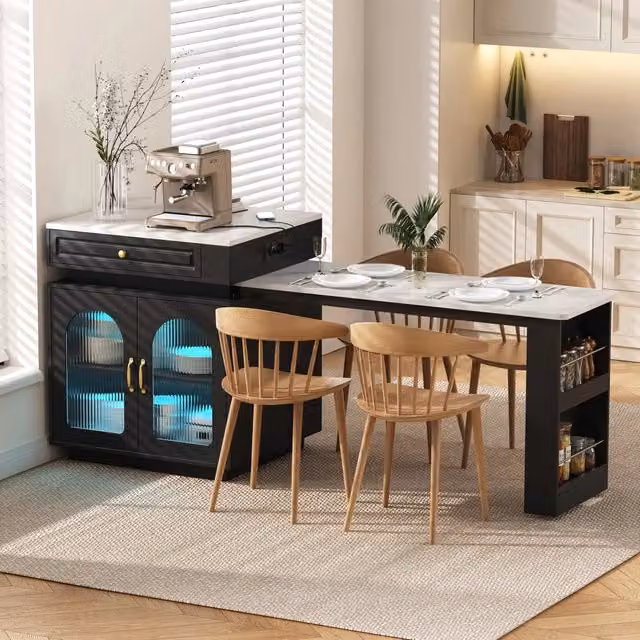 Tavolo da pranzo - isola cucina su ruote - estraibile con LED - bar con prese - nero - anta e sideboard