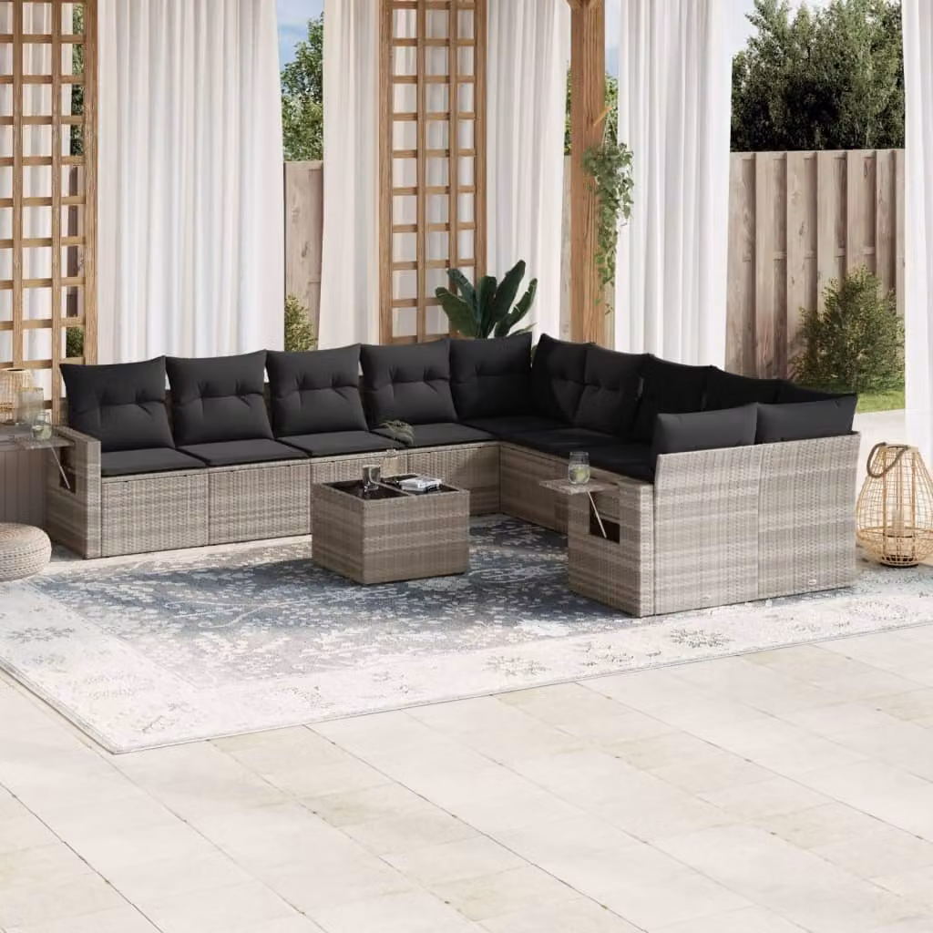 vidaXL Set Divani da Giardino 11 pz in Polyrattan Grigio con Cuscini e Tavolino da Esterno – 1