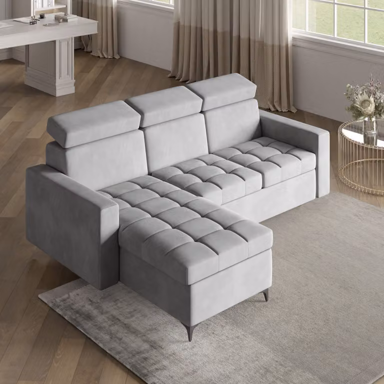 Divano angolare KAME di Masseno con funzione letto a L, divano con box letto, divano da soggiorno, divano, divano, divano letto, set di divani - grigio chiaro, PAROS 05