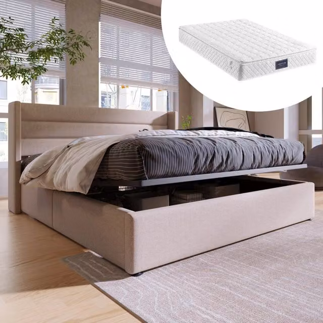 Letto matrimoniale con contenitore 160 × 200 cm idraulico con rete a doghe e testiera imbottita in lino beige