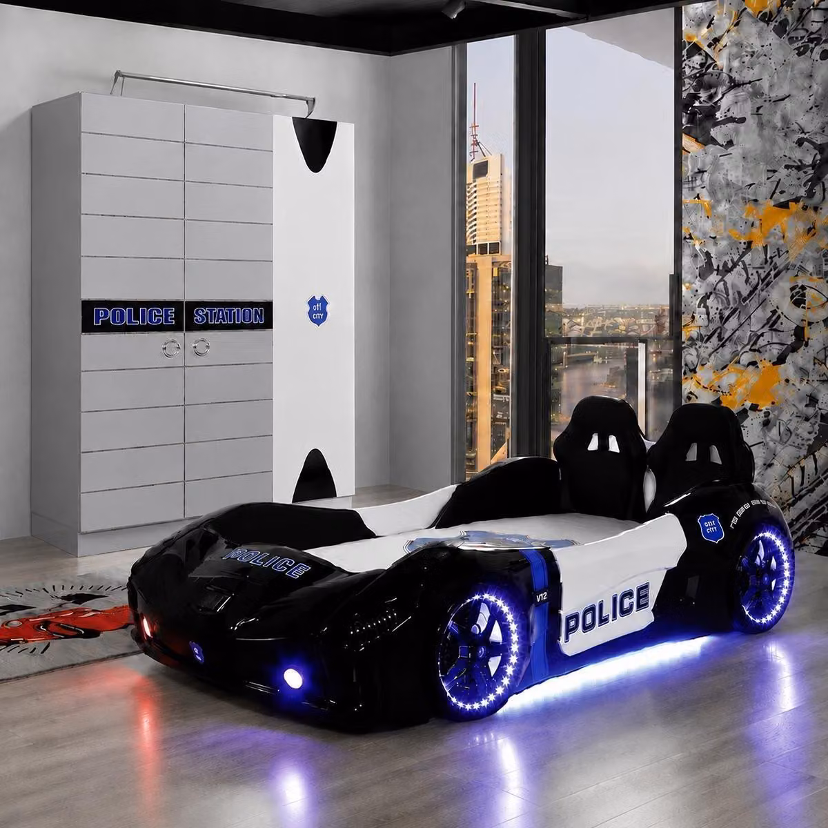 Letto a forma di auto da corsa, nero, per bambini, con armadio a LED