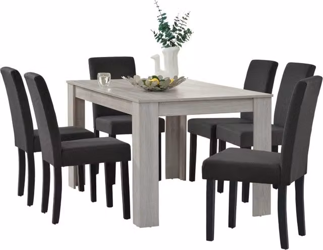 Set da Pranzo Moderno en.casa con Tavolo Rettangolare e 6 Sedie Imbottite Effetto Rovere e Grigio