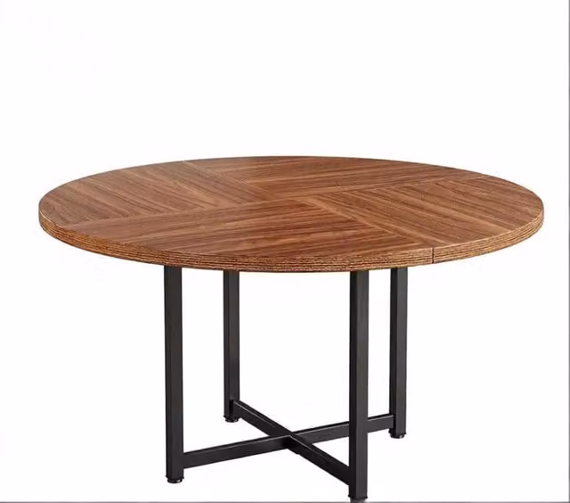 Tavolo da pranzo rotondo con piano in metallo marrone e base nera, diametro 120 cm