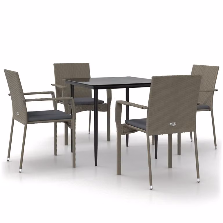 Set da Pranzo Giardino 5pz Nero e Grigio con Cuscini Polyrattan