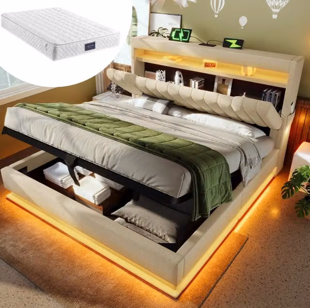 Letto matrimoniale 140x200 cm con contenitore; LED; USB e materasso; beige