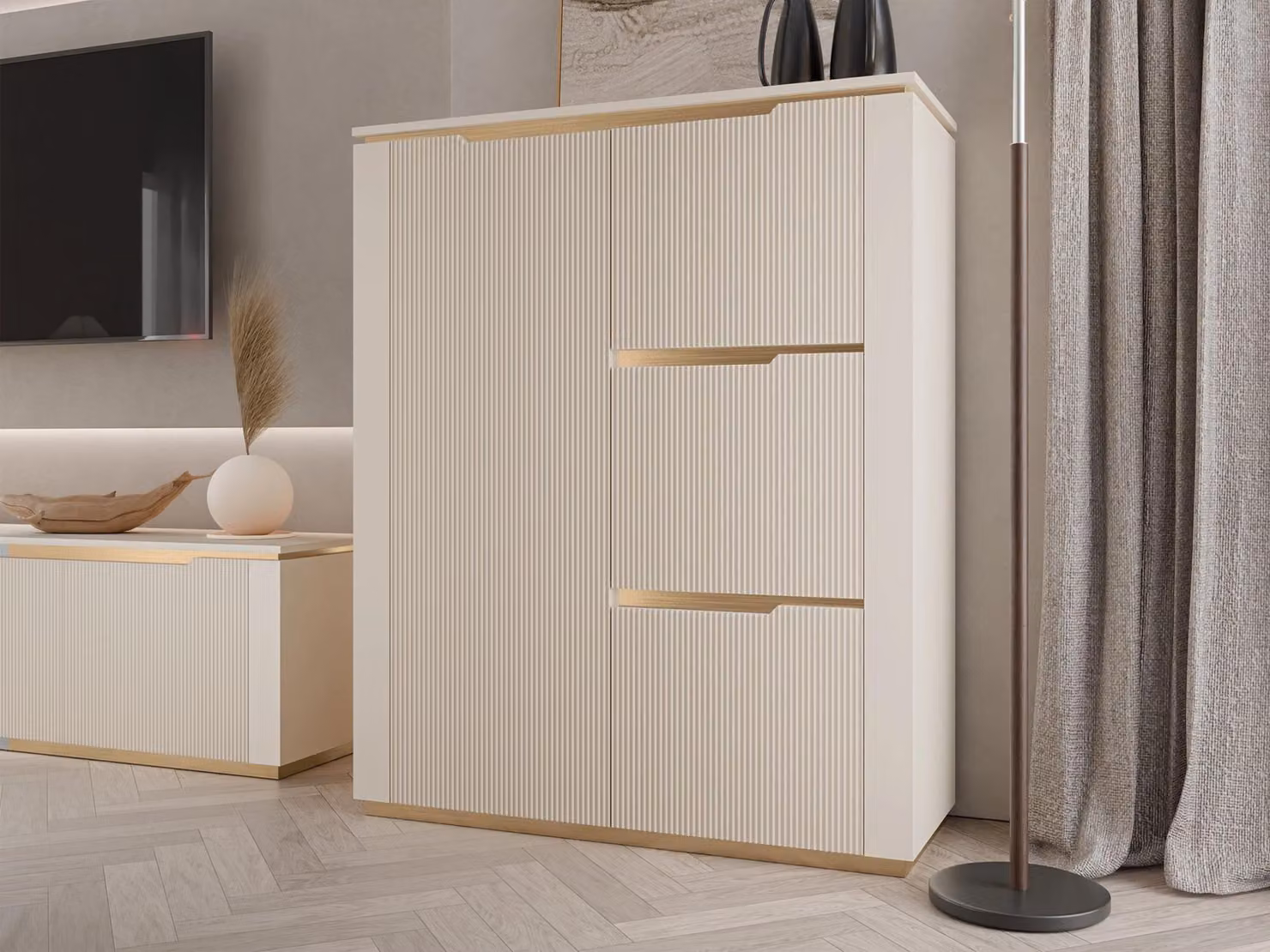 MIRJAN24 Credenza Hilafin 4D, soggiorno elegante, credenza con quattro ante a battente (colore: beige sabbia + oro)
