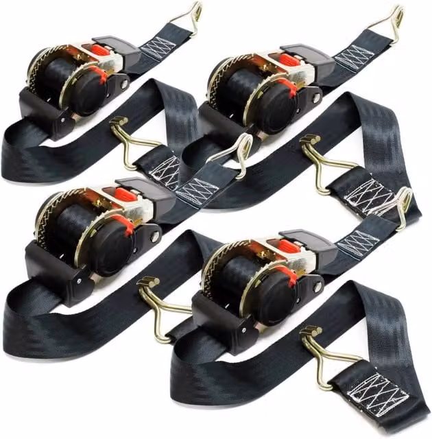 Set di 4 cinghie di fissaggio nere con tenditore a cricchetto, larghezza 30 mm e lunghezza 50 m, resistenza alla trazione 750 daN