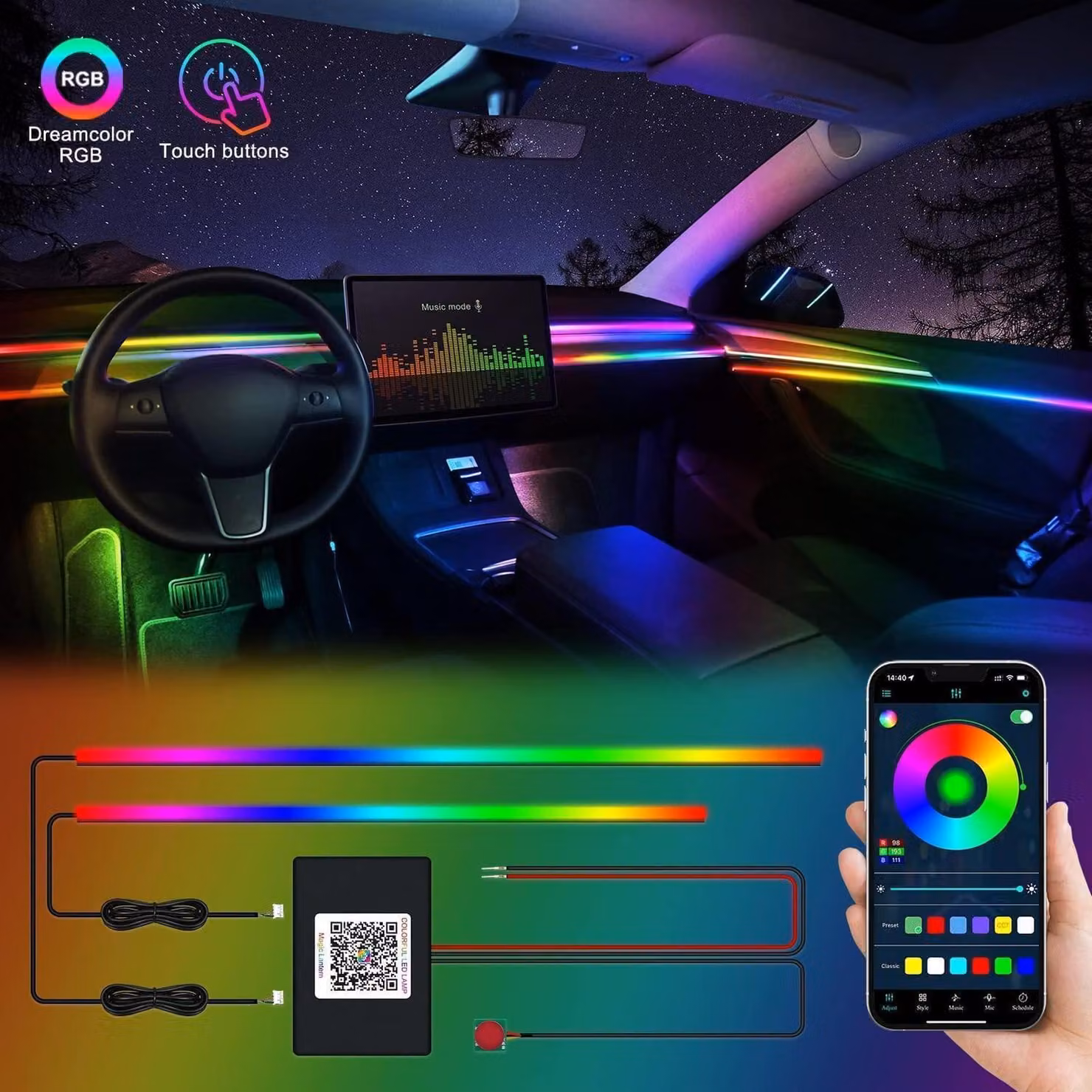 Illuminazione interna per auto a LED, RGBIC, tecnologia Dreamcolor, controllo tramite app, kit luce ambientale 2-in-1, con effetto musicale