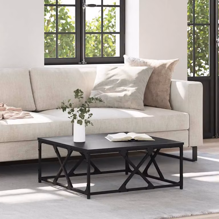 Tavolino da salotto moderno vidaXL in MDF e metallo, colore rovere e nero, L/P/H: 70 x 70 x 30 cm