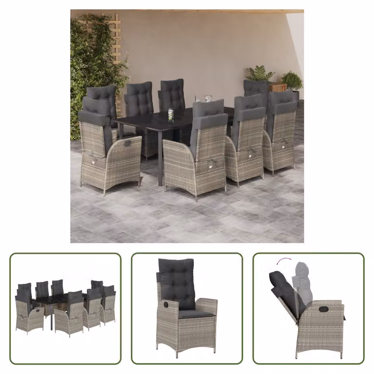 The Living Store Set da pranzo da giardino 9 pezzi con cuscini in poly rattan grigio chiaro