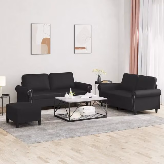 Set di divani 3 pezzi vidaXL in similpelle nera con cuscini per soggiorno moderno