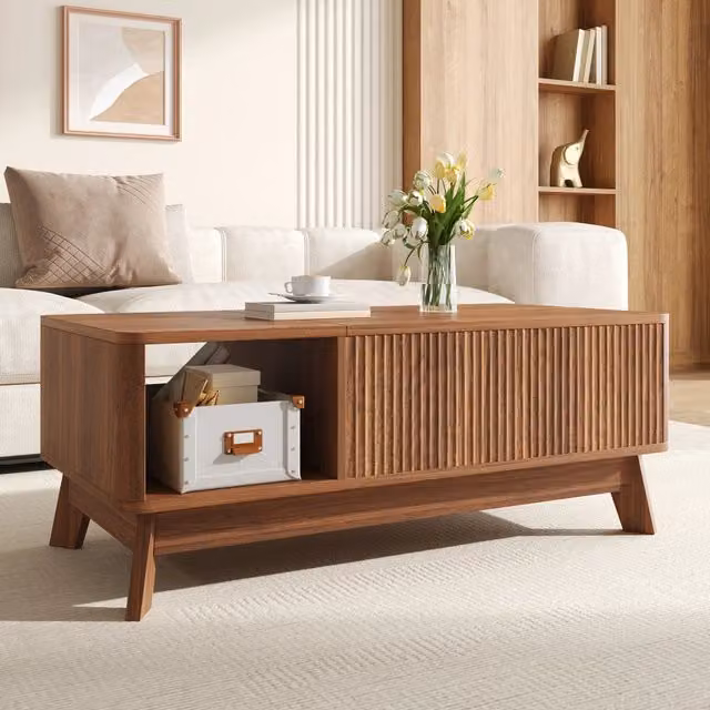 Tavolino basso alzabile in MDF noce con piano regolabile; vano nascosto e scomparto laterale aperto 95 × 48 × 50 cm
