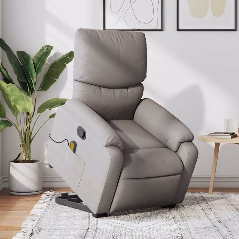 vidaXL Poltrona Alzapersona Reclinabile con Massaggio per Anziani in Tessuto e Finta Pelle, Beige/Grigio