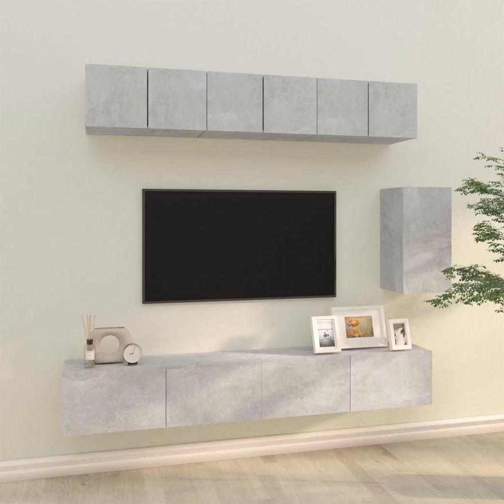 Set di Mobili Porta TV 6 pz vidaXL Moderno Grigio Opaco in Legno e MDF da Appendere alla Parete – 1
