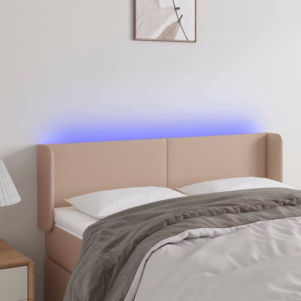 Testiera per letto vidaXL in similpelle color cappuccino con illuminazione LED e porta di ricarica USB, L 147 cm, P 16 cm, H 78-88 cm