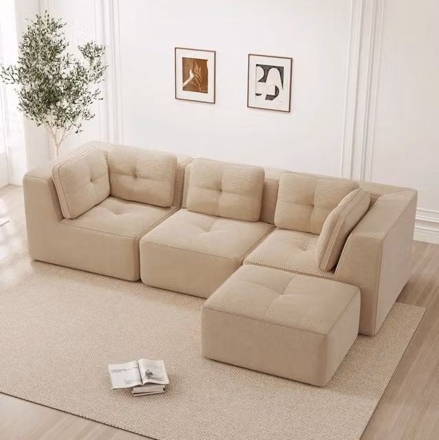Divano angolare modulare in corduroy; 297x177x69 cm; beige